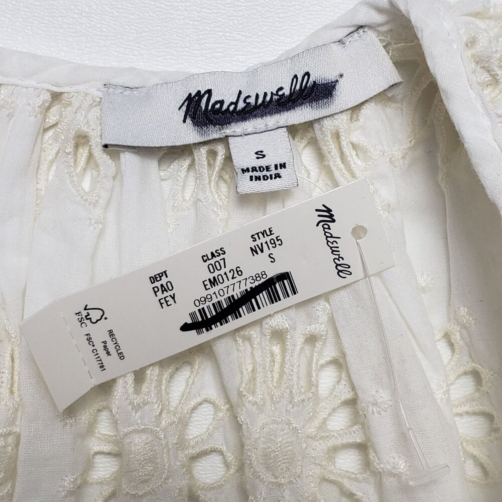 Madewell Embroidered Shirred Puff-Sleeve Top Women's Small Ivory Floral Eyelet - Picture 2 of 16